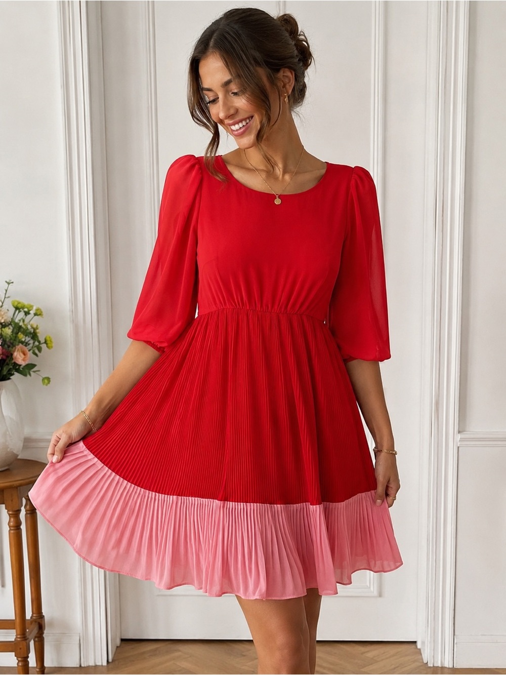 XXI Red & Pink Colorblock Pleated Chiffon Mini Dress Puff Sleeves Size Small